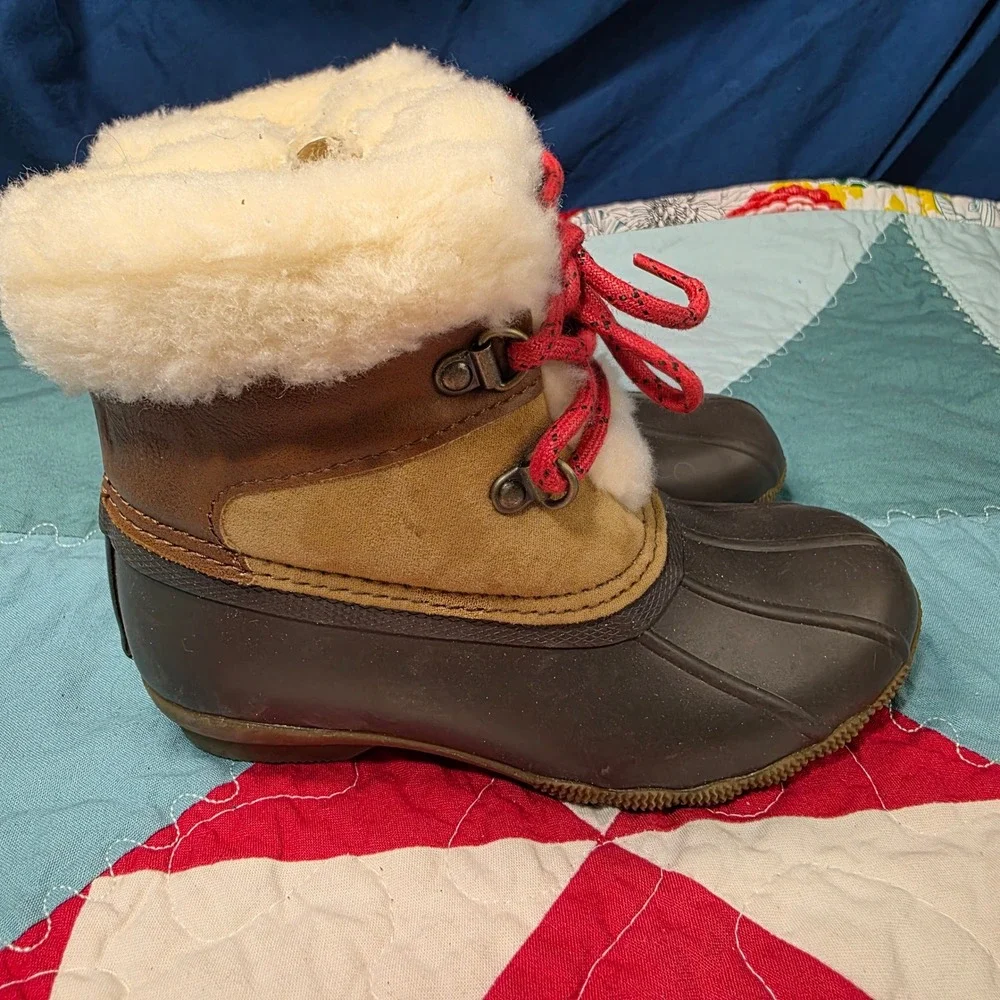 Sperry Saltwater Duck Boots Kids Size 10 Brown Tan Faux‎ Fur Waterproof Zip